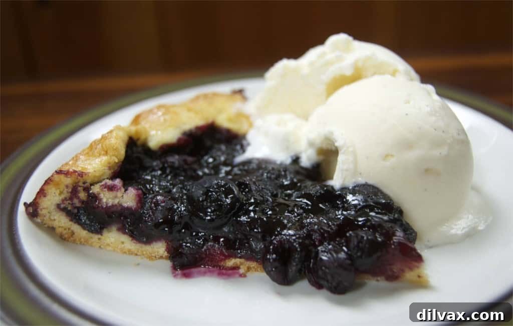 A vibrant Blueberry Ginger Galette, featuring a golden crust and sweet-spicy blueberry filling. A perfect dessert with ice cream.