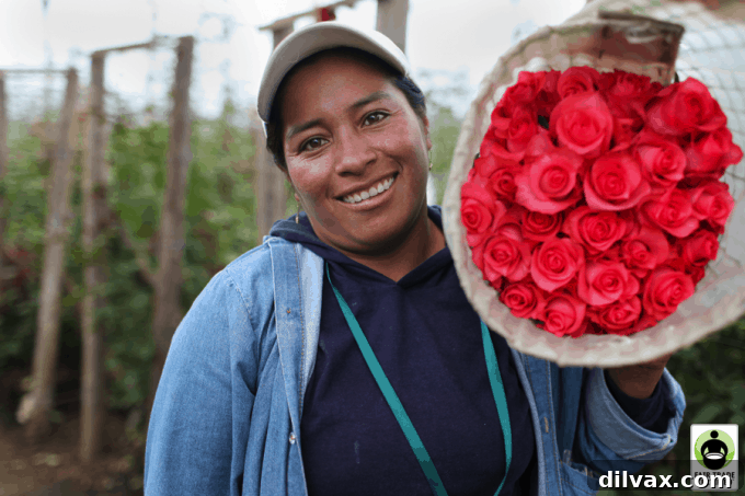 Chocolate Coconut Oasis Bundt 7 Fair Trade rose farmer Elvia Almachi proudly holding a bundle of roses in Ecuador
