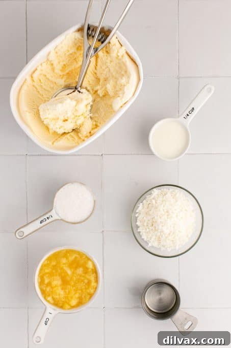Ingredients for making Pina Colada Milkshakes, including vanilla ice cream, crushed pineapple, coconut milk, and cream of coconut.