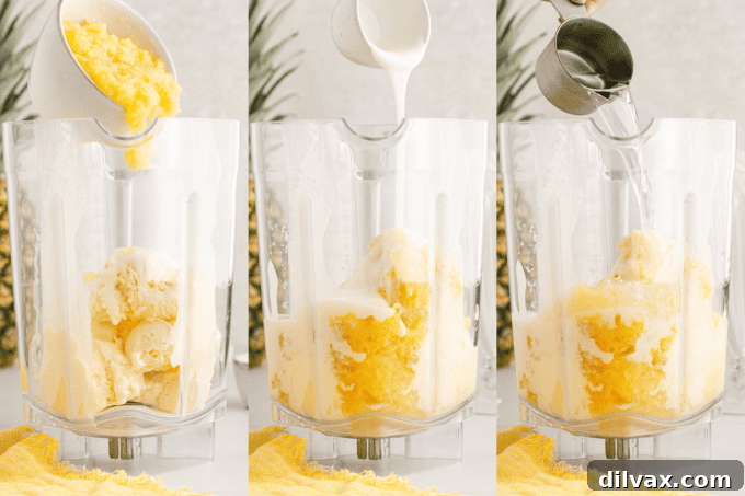 Step-by-step process photos showing ingredients in a blender for Pina Colada Milkshakes.