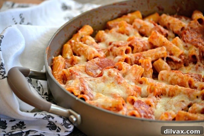 This Pepperoni Pizza Pasta features pepperoni and rigatoni mixed with a cheesy pizza sauce, offering a full-flavored new alternative to traditional pizza night.
