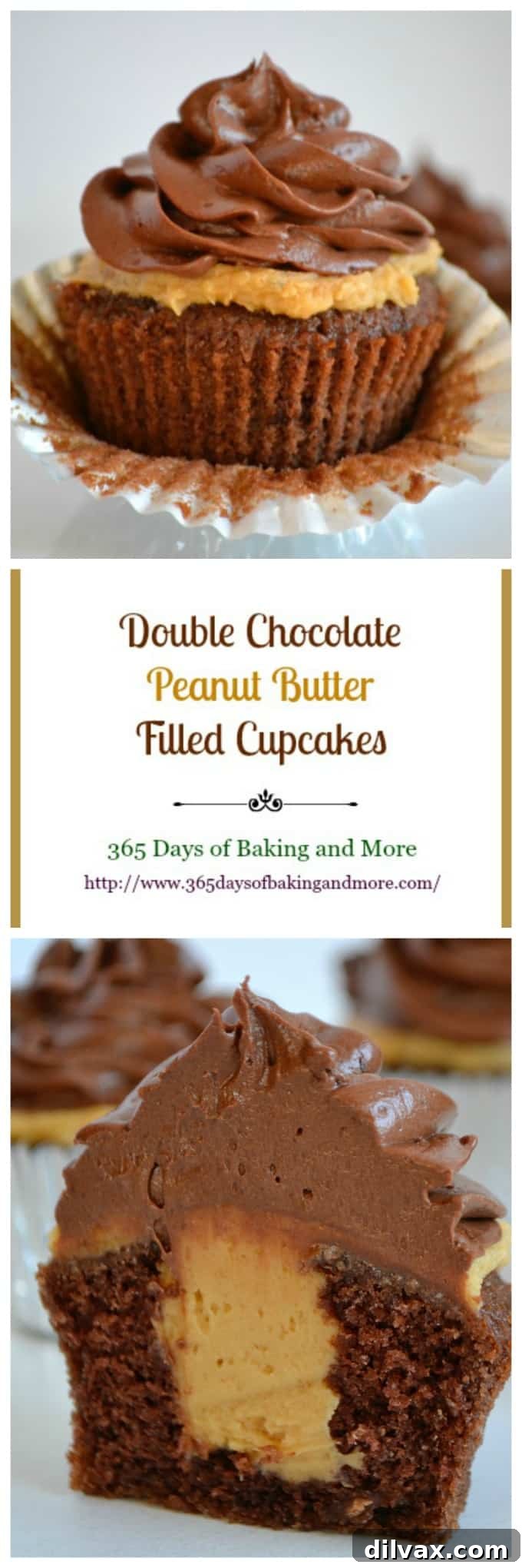 Decadent Peanut Butter Chocolate Cupcakes 2 Double Chocolate Peanut Butter Filled Cupcakes - The ultimate moist chocolate cupcake recipe with a creamy peanut butter center and rich chocolate buttercream frosting.