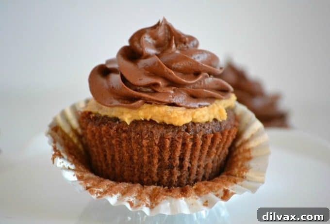 Decadent Peanut Butter Chocolate Cupcakes 6 Instructions for coring cupcakes to add filling, showing the use of an apple corer.