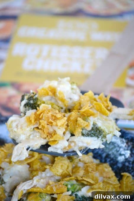 A top-down view of the Cheesy Chicken, Broccoli and Rice Casserole, a perfect easy dinner for a busy weeknight.