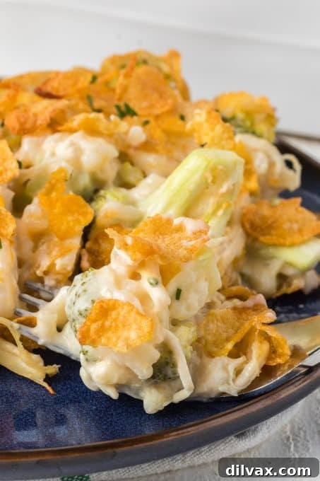 Close-up of a creamy Broccoli Rice and Chicken Casserole before baking.