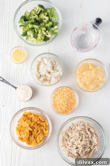 Creamy Chicken and Broccoli Bake 4 All the ingredients neatly laid out for the Chicken and Broccoli Casserole.