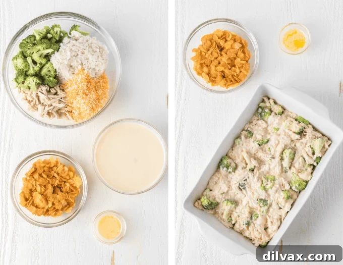 Step-by-step process photos showing how to assemble a Chicken and Broccoli Casserole.