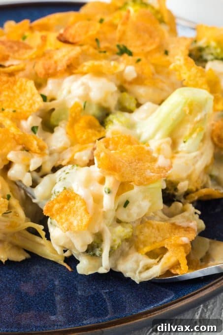 A large serving of the Chicken and Broccoli Casserole, garnished and ready to eat.