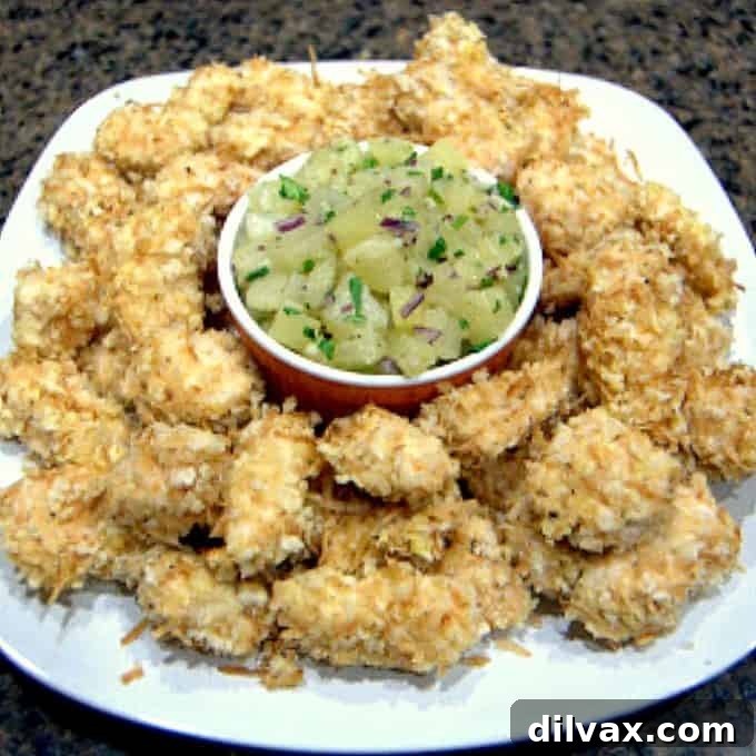 Crispy toasted coconut chicken bites served with a fresh and tangy pineapple salsa, a perfect appetizer.