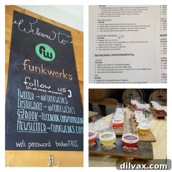 A collage of images showcasing the Funkwerks brewery, including beer flights and the brewing environment.