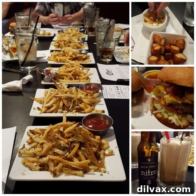 A collage featuring Stuft Burger Bar, showing delicious burgers and a beer cheese dip with fried pretzels.
