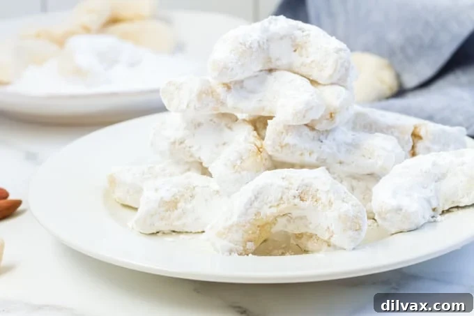 A plate full of almond cookies dusted with powdered sugar, ready to be enjoyed.