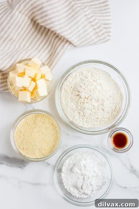 Key ingredients for Viennese Crescents laid out on a surface.