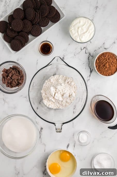 Decadent Oreo Dream Cake 5 Assorted ingredients laid out for baking an Oreo Cake, including cocoa, sugar, flour, eggs, milk, butter, and Oreos.