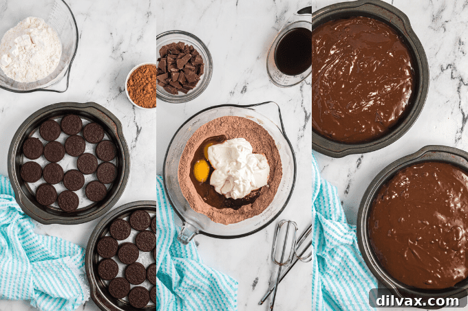 Decadent Oreo Dream Cake 7 Close-up view of making the batter for an Oreo cake in a stand mixer, demonstrating the smooth texture.