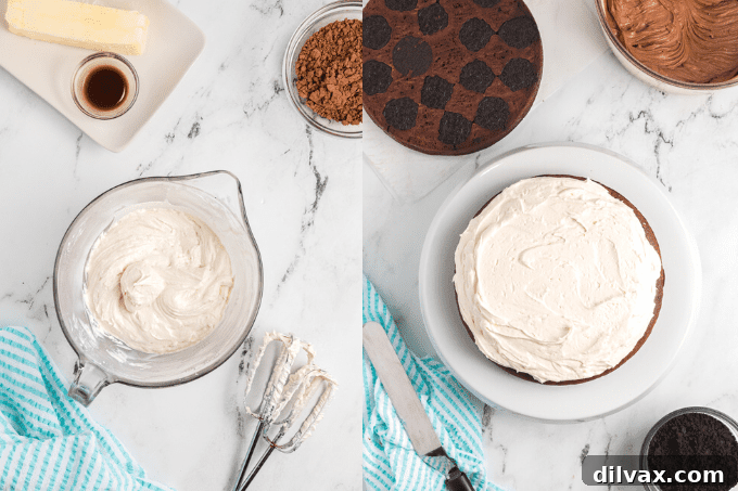 Decadent Oreo Dream Cake 8 The creamy white filling for the Oreo cake being spread between two chocolate cake layers.