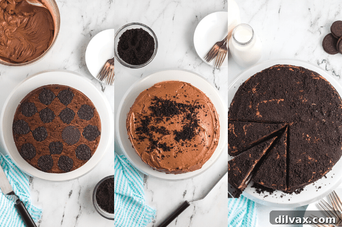 Decadent Oreo Dream Cake 9 Process shots showing the final decorative touches on an Oreo cake, with crushed cookies being applied to the sides.