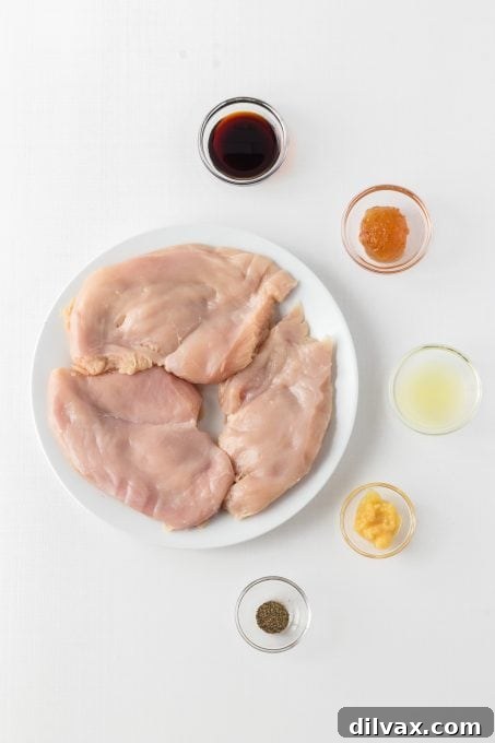Foolproof Chicken Marinade 5 Key ingredients for the Easy Chicken Marinade: soy sauce, orange marmalade, lemon juice, fresh ginger, and black pepper.