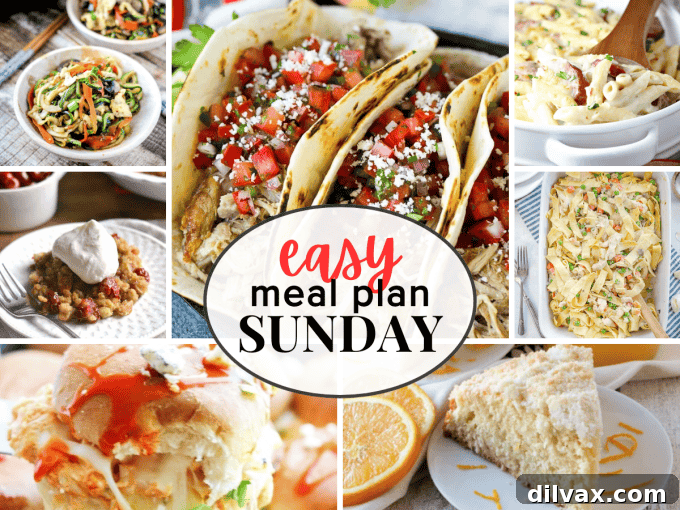 Easy Meal Plan Sunday {Week 56} - A weekly meal plan featuring six stress-free dinners, two delightful desserts, and a nourishing breakfast recipe to simplify your week.