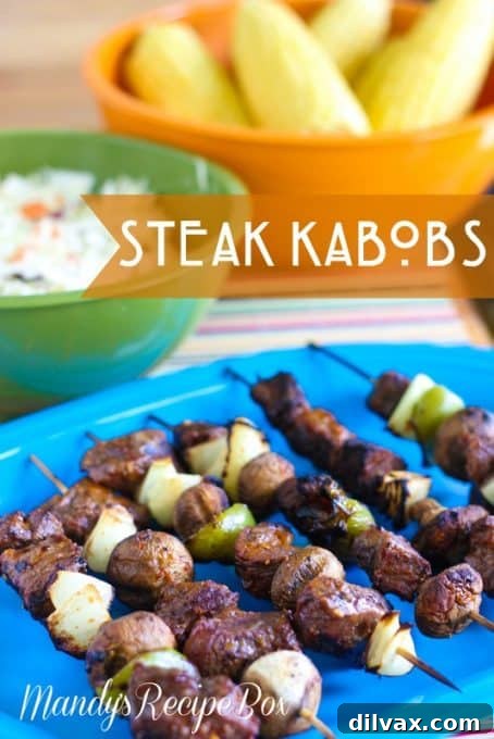 Juicy Steak Kabobs with colorful vegetables, grilled to perfection.