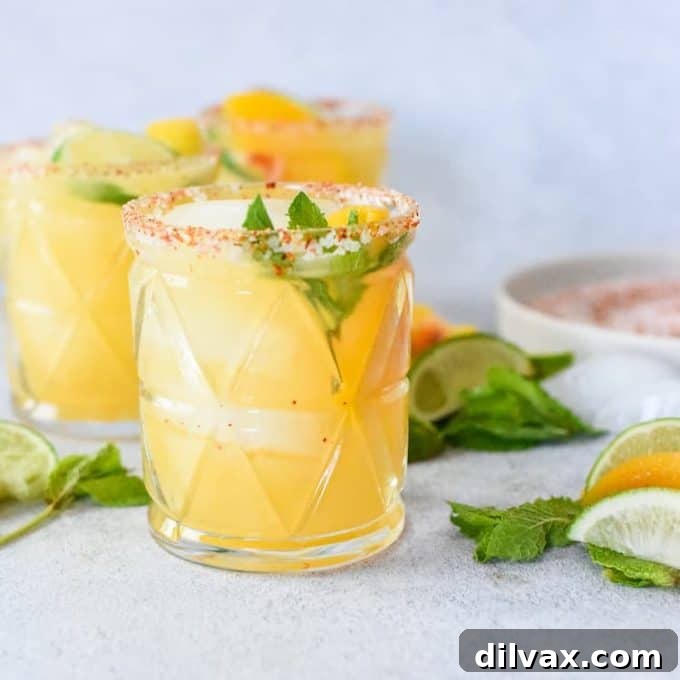 A refreshing Smoky Peach Mezcal Margarita garnished with a peach slice and salt rim.