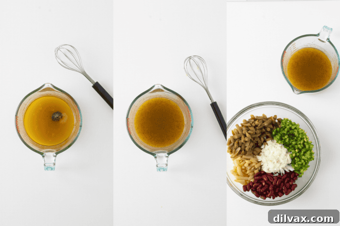 Process photos showing the steps for making Three Bean Salad: mixing beans, adding dressing, and chilling.