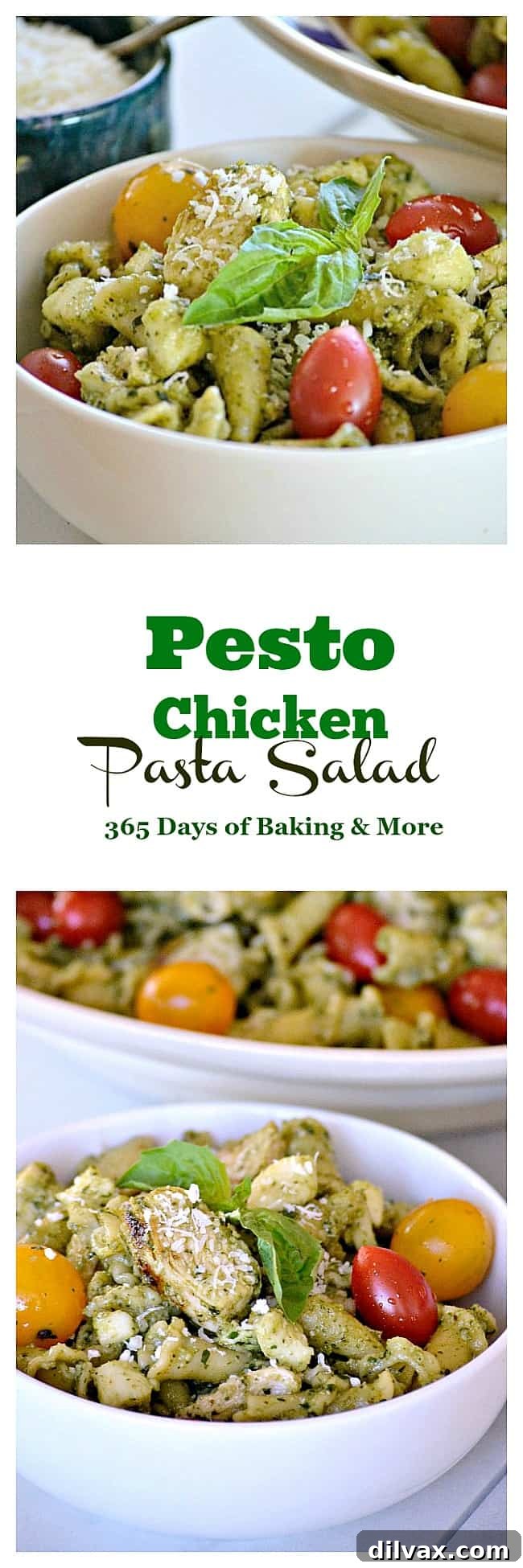 A close-up shot of Pesto Chicken Pasta Salad in a white bowl, garnished with fresh basil, ready to be enjoyed.