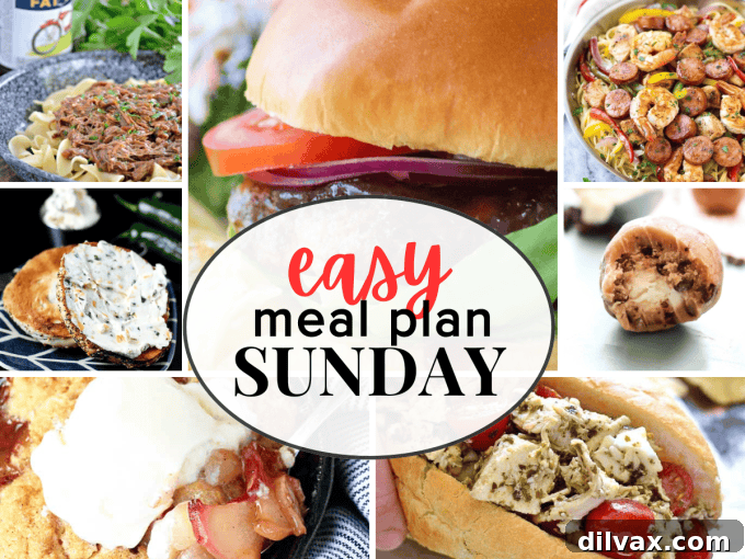 Overview of Easy Meal Plan Sunday Week 57, featuring a selection of dinners and desserts.