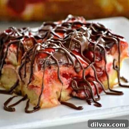 The finished Chocolate Cherry Cheesecake Bread Pudding, a perfect blend of sweet cherries, rich chocolate, and creamy cheesecake baked into a comforting bread base, ready to be served from the baking dish.