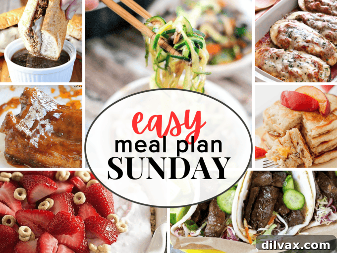 Making Sundays Simple: Week 62 Meal Plan 2 A vibrant display of various prepared dishes, symbolizing a diverse weekly meal plan. Features a mix of comfort food and fresh ingredients.