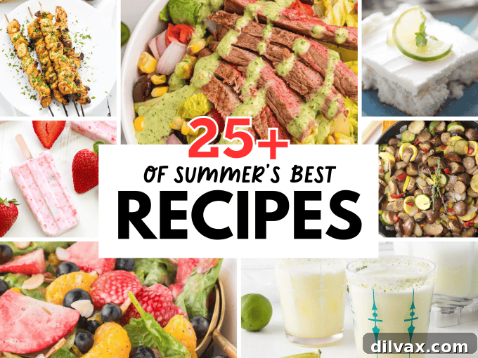 A vibrant spread of various summer dishes and desserts, including fresh fruit, pasta salad, and grilled items, ready for a feast.