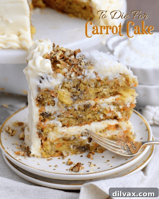 Delicious and moist Carrot Cake with rich cream cheese frosting, a timeless classic dessert.