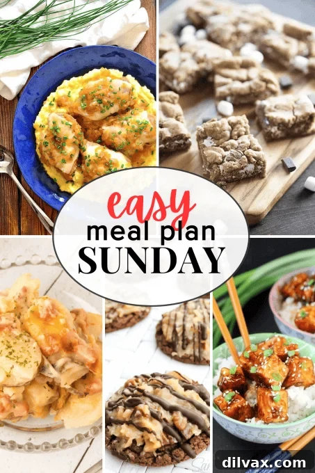 Your Easy Sunday Meal Guide Week 63 3 A vibrant collage of various easy meal plan Sunday recipes, including six dinners, two desserts, and breakfast ideas for simplified cooking.