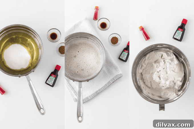 Process photo showing egg whites, sugar, and cream of tartar being whisked over simmering water