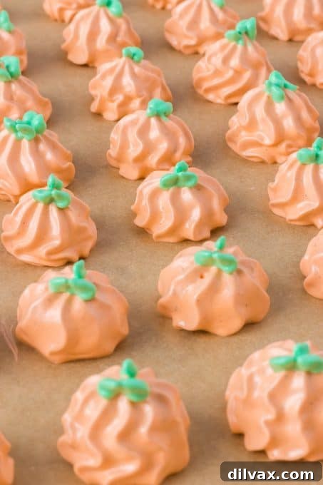 Cloud-Light Pumpkin Spice Gourds 9 A collection of Pumpkin Spice Meringue Pumpkins with varied decorations.