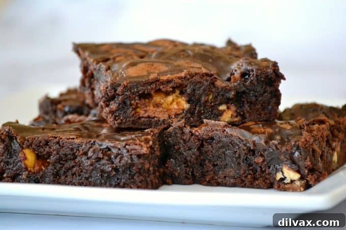 Decadent Chocolate Overload Loaded Brownies, generously topped with chopped candy bars, chocolate sauce, and a luscious chocolate frosting drizzle, perfect for satisfying any sweet tooth.