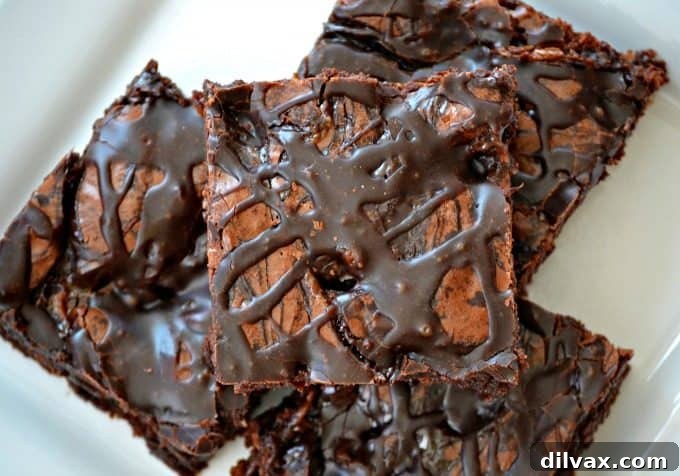 A beautifully presented slice of Chocolate Overload Loaded Brownies, ready to be enjoyed, encouraging readers to visit Joan's blog for the recipe.