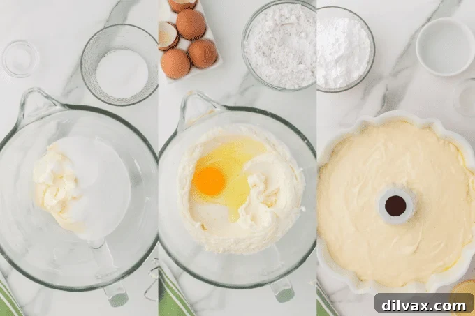 First steps of baking the 7UP Pound Cake, showing ingredients being mixed.