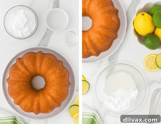 The 7UP Pound Cake cooling on a rack, prepared for glazing.
