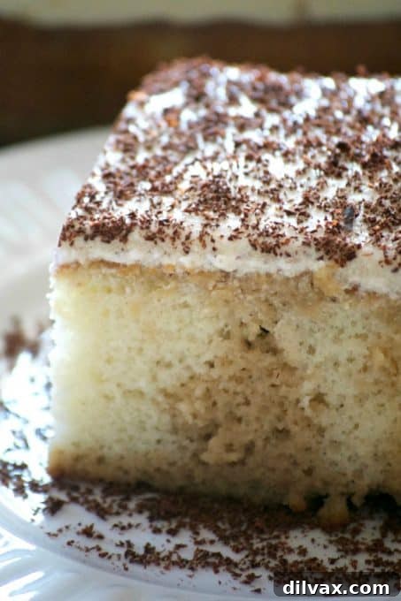 This Easy Tiramisu Poke Cake is a simple white cake drizzled with a sweetened coffee syrup, and topped with a whipped mascarpone vanilla frosting, perfect for any occasion.