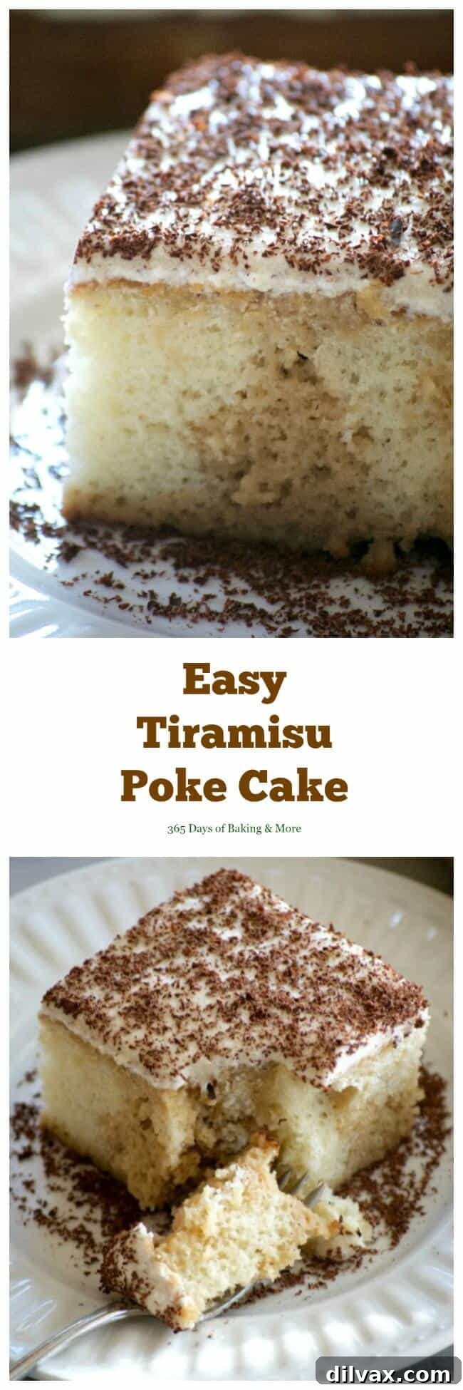 This Easy Tiramisu Poke Cake is a white cake mix drizzled with a sweetened coffee syrup, and topped with a whipped mascarpone vanilla frosting. It's a simple recipe to put together without the liqueur and uses Fair Trade ingredients.