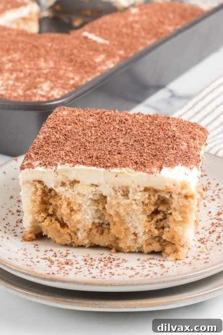 Easy Tiramisu Poke Cake - close-up of the finished dessert