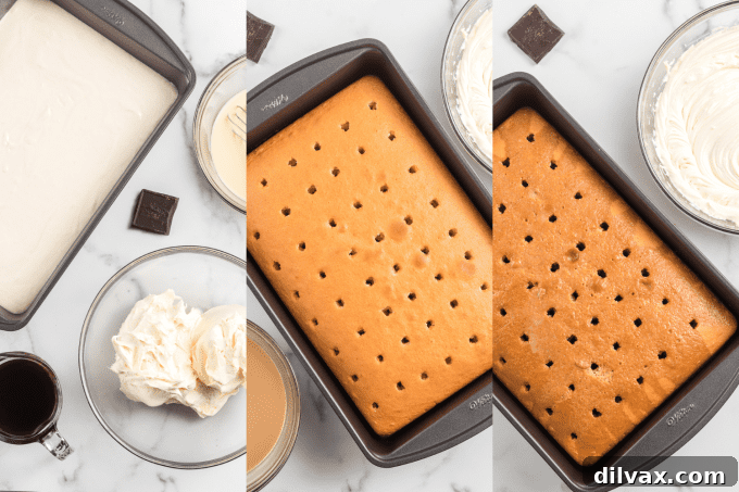 Process photos for Tiramisu Poke Cake showing cake, coffee syrup, and frosting