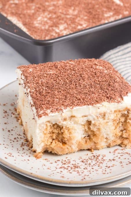 Tiramisu Poke Cake - a beautiful slice ready to be enjoyed