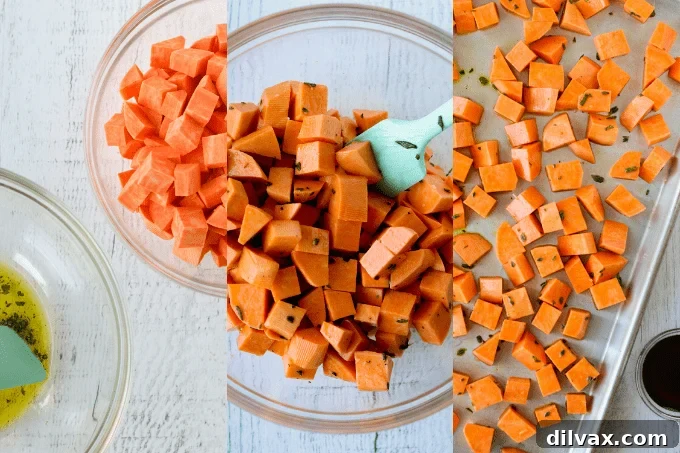 Process steps for maple syrup with roasted sweet potatoes.