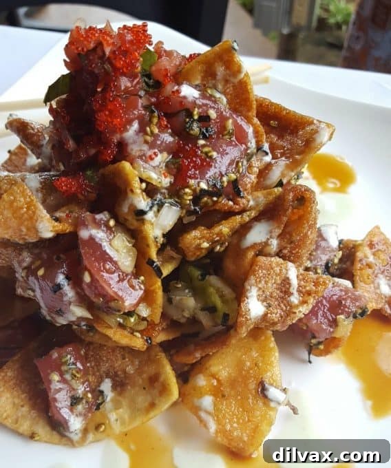 Savoring Kauai's Best Bites 5 Adam's Poke Nachos, a creative and flavorful appetizer at Hukilau Lanai on Kauai, HI