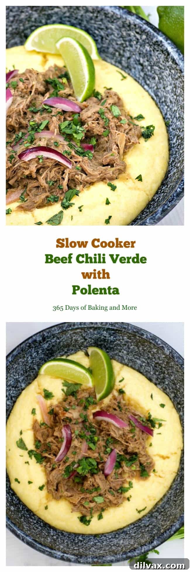 Slow Cooker Beef Chili Verde with Polenta are savory beef short ribs with salsa verde. Serve with polenta and you've got a super easy and delicious dinner.