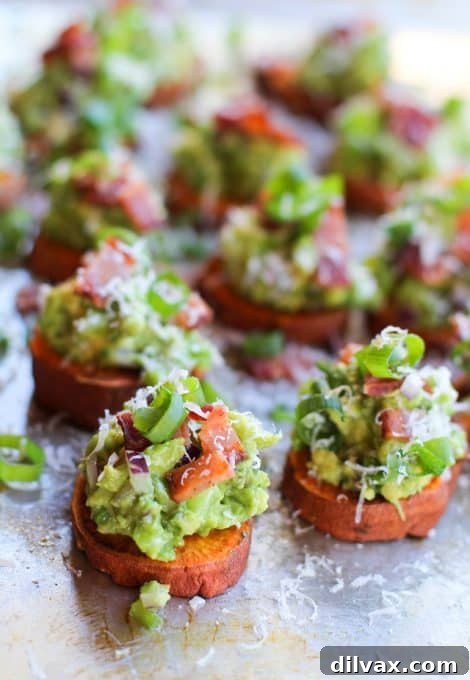 Touchdown Treats 18 Healthy and delicious roasted sweet potato rounds topped with guacamole and crispy bacon.