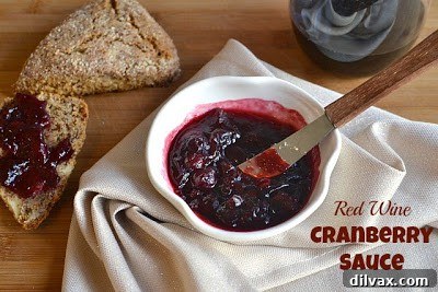 Deep red red wine cranberry sauce, thick and appealing.