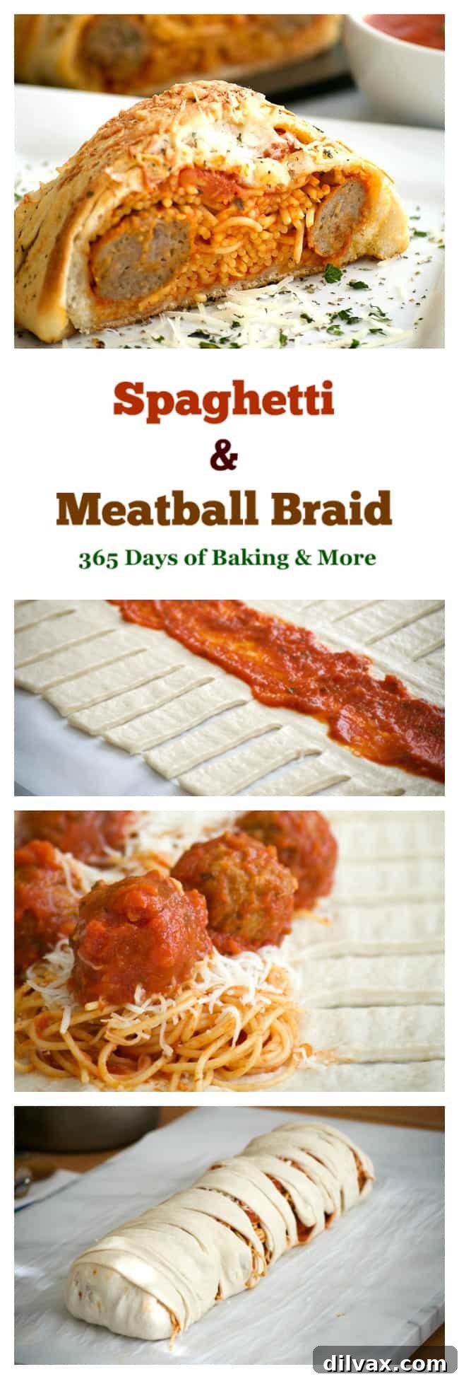 Braided Spaghetti and Meatball Bake 4 An overhead view of the Spaghetti and Meatball Braid in progress, showing the pizza dough strips being folded over the abundant filling.